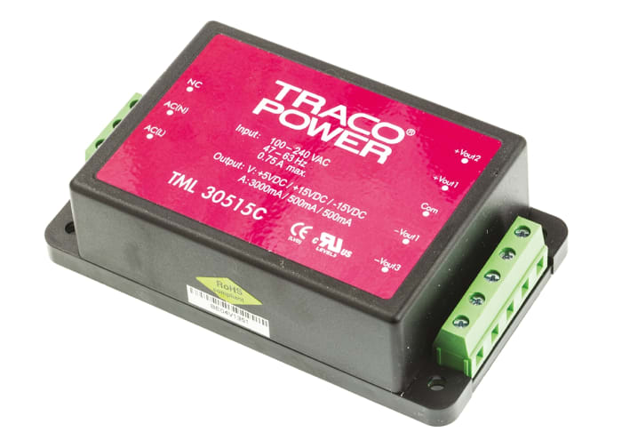 TRACOPOWER Switching Power Supply, TML 30515C, 5 V dc, ±15 V dc, 3 A, 500 mA, 30W, Triple Output, 100 → 370 V