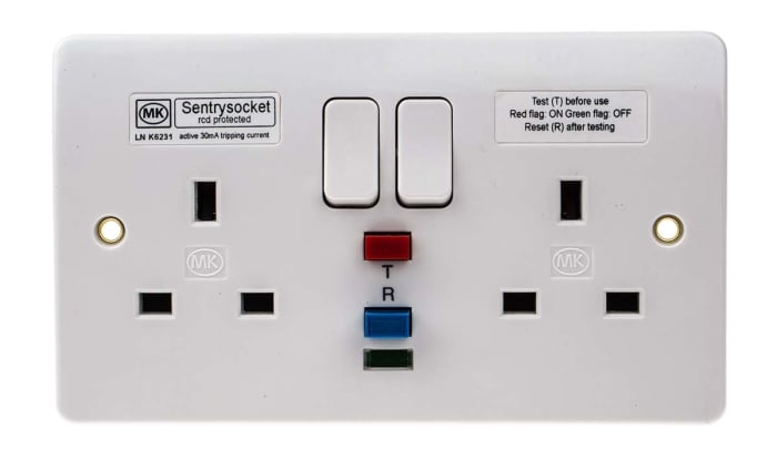 MK Electric Logic Plus 13A, BS Fixing, Active, 2 Gang RCD Socket, Flush Mount , Switched, IP2XD, 240 V ac, White