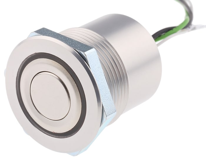 Schurter MCS 30 Series Illuminated Push Button Switch, Latching, Panel Mount, 30mm Cutout, SPST, Green LED, 48V dc