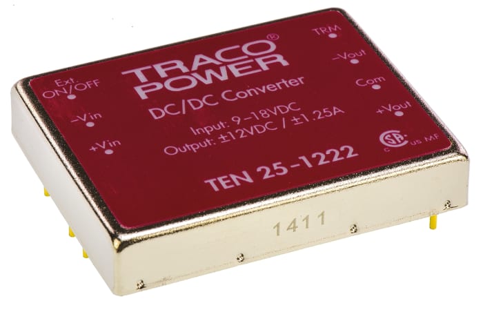 TRACOPOWER TEN 25 DC-DC Converter, ±12V dc/ ±1.25A Output, 9 → 18 V dc Input, 25W, Through Hole, +85°C Max Temp