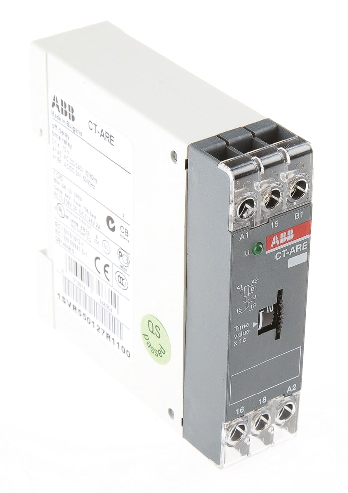 ABB 1SVR Series DIN Rail Mount Timer Relay, 200 → 240 V ac, 24V ac/dc, 1-Contact, 0.1 → 10s, 1-Function,