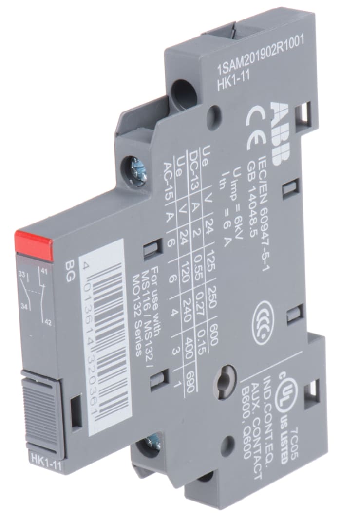 ABB Auxiliary Contact, 2 Contact, 1NC + 1NO, Side Mount HK1