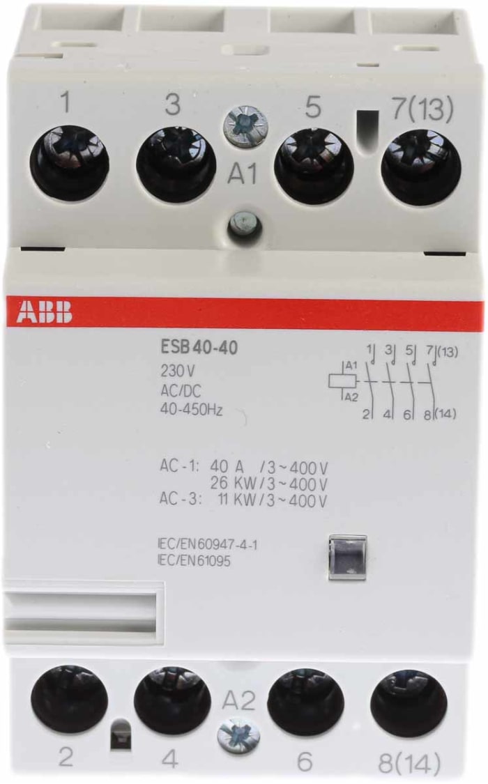ABB ESB Series Contactor, 230 V ac Coil, 4-Pole, 40 A, 11 kW, 4NO