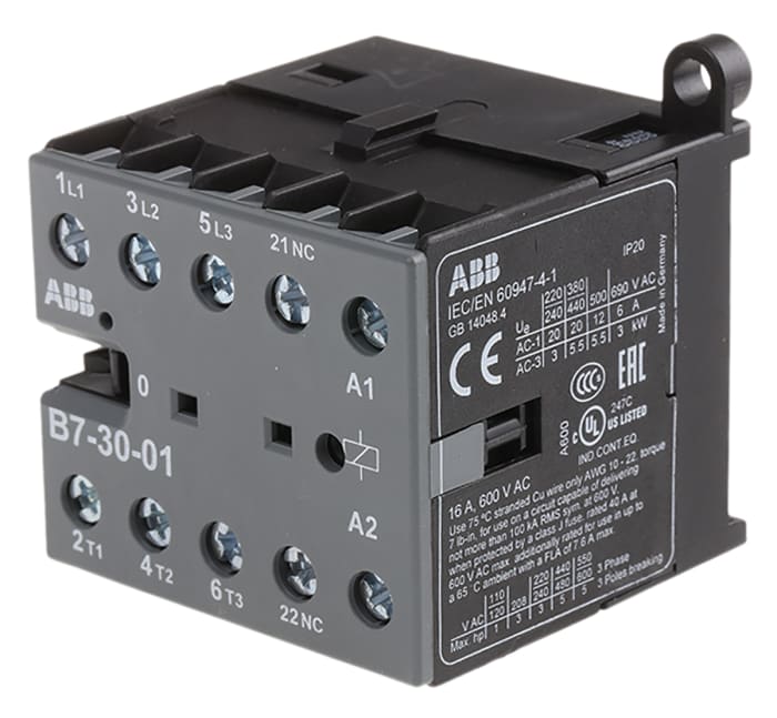 ABB B7 B Contactor, 230 V ac Coil, 3-Pole, 9 A, 5.5 kW, 3NO, 690 V ac