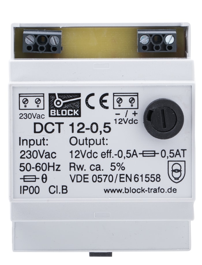 Block DCT Linear DIN Rail Power Supply, 230V ac ac Input, 12V dc dc Output, 500mA Output, 6W
