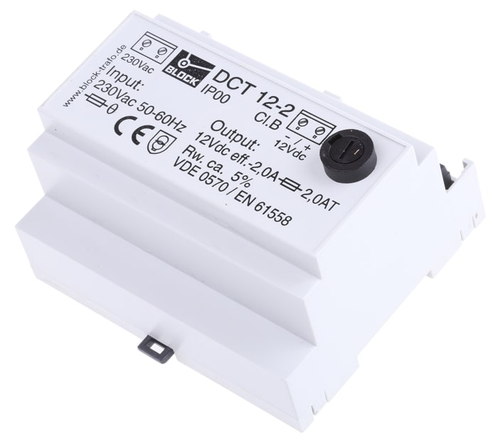 Block DCT Linear DIN Rail Power Supply, 230V ac ac Input, 12V dc dc Output, 2A Output, 24W