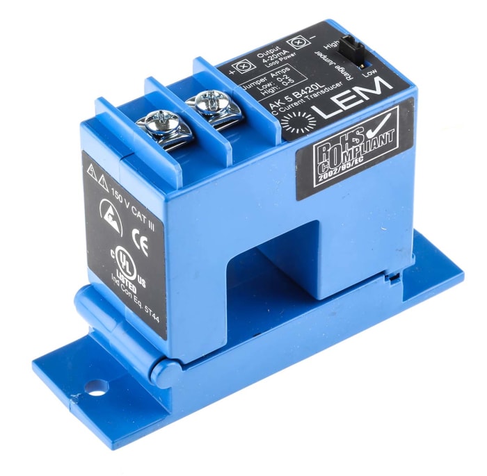 LEM AK Series Current Transformer, 5A Input, 5:1, 4 → 20 mA Output, 21.7mm Bore, 24 V dc, 150 V ac