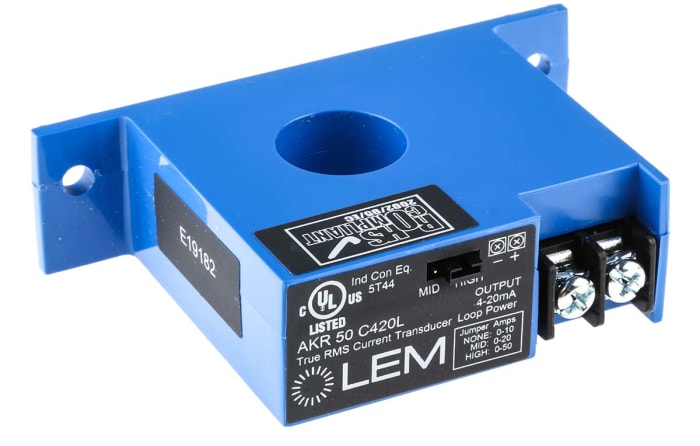 LEM AKR Series Current Transformer, 50A Input, 50:1, 4 → 20 mA Output, 19mm Bore, 24 V dc, 150 V ac