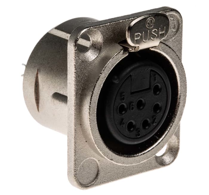 Konektor XLR, barva Přírodní, Samice, počet kontaktů: 6, orientace těla: Pravý úhel, pokovení: Stříbro přes nikl,