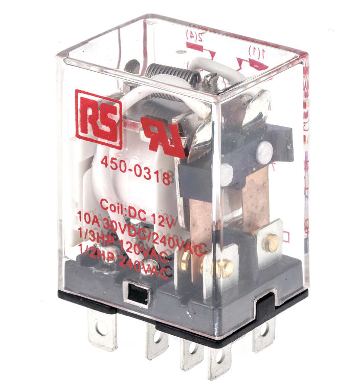 Relé de potencia sin enclavamiento RS PRO de 2 polos, DPDT, bobina 12V dc, 10A, enchufable