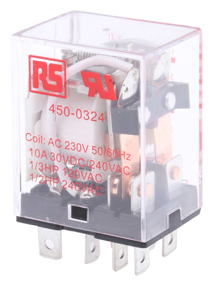 RS PRO Plug In Power Relay, 230V ac Coil, 10A Switching Current, DPDT