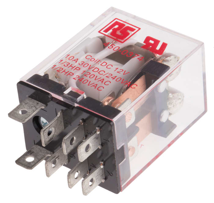 Relé de potencia sin enclavamiento RS PRO de 2 polos, DPDT, bobina 12V dc, 10A, enchufable