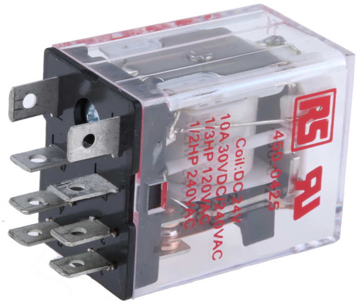 Relé de potencia sin enclavamiento RS PRO de 2 polos, DPDT, bobina 24V dc, 10A, enchufable