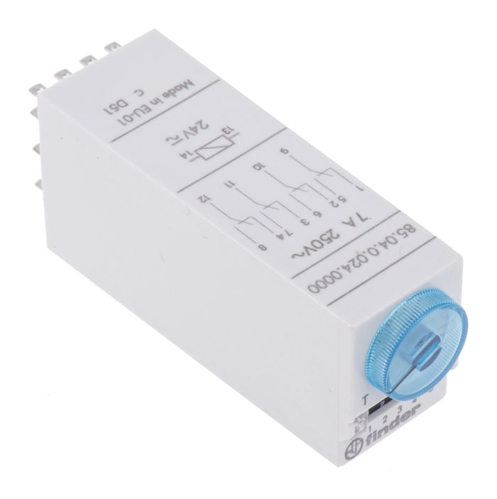 Finder 85 Series Series Plug In Timer Relay, 24V ac/dc, 4-Contact, 0.05 → 100 s, 3 → 100 min, 5 →
