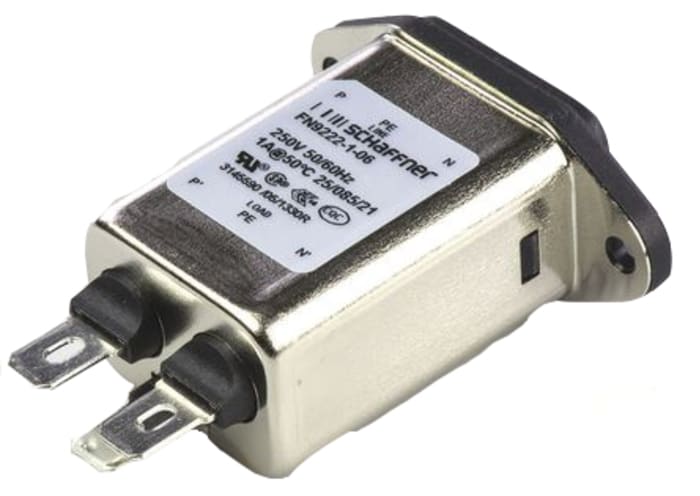 Schaffner 1A, 250 V ac Male Panel Mount IEC Filter FN9222-1-06, Faston None Fuse
