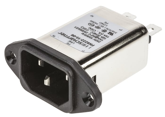Schaffner 15A, 250 V ac Male Panel Mount IEC Filter FN9222-15-06, Faston None Fuse