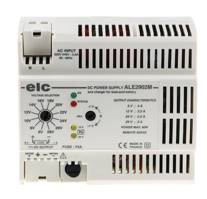 Alimentation pour rail DIN ELC, série ALE DIN RAIL, 5 → 29V c.c.out 4A, 60W
