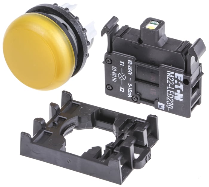 Eaton, RMQ Titan M22, Flush Mount, Rear, Surface Mount Yellow LED Pilot Light, 22mm Cutout, IP69K, Round, 12 →