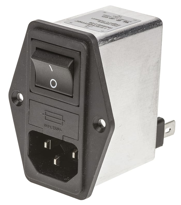 Schaffner 2A, 250 V ac Male Panel Mount IEC Inlet Filter FN284B-2-06, Faston 2 Fuse
