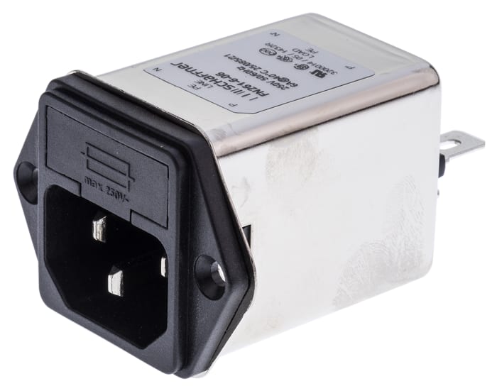 Filtr IEC, Samec IEC/EN 60939, Montáž na panel 5 x 20mm, Faston, 6A, 250 V AC, 0 → 400Hz