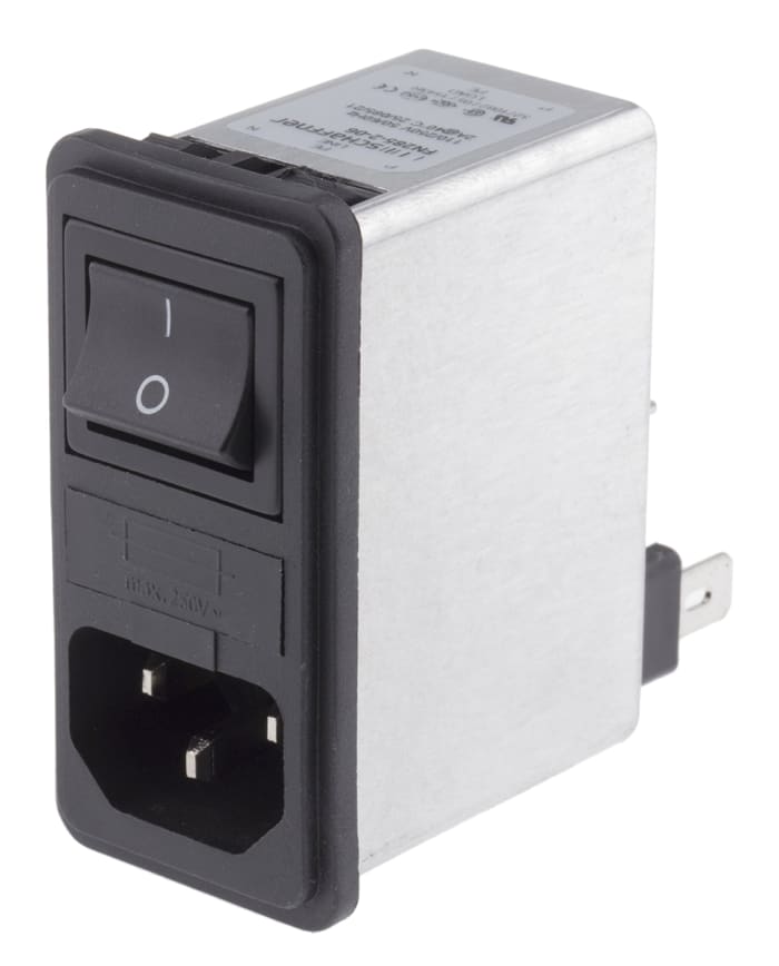 Schaffner,2A,250 V ac Male Snap-In IEC Filter 2 Pole FN285-2-06,Faston 1 Fuse