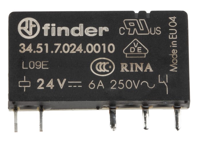 34.51.7.024.0010 Finder, Finder PCB Mount Power Relay, 24V dc Coil, 6A  Switching Current, SPDT, 457-2846