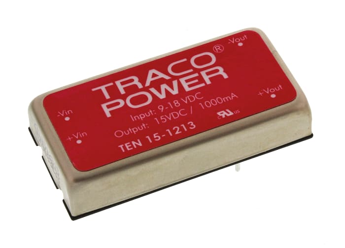 TRACOPOWER TEN 15 DC-DC Converter, 15V dc/ 1A Output, 9 → 18 V dc Input, 15W, Through Hole, +85°C Max Temp -40°C