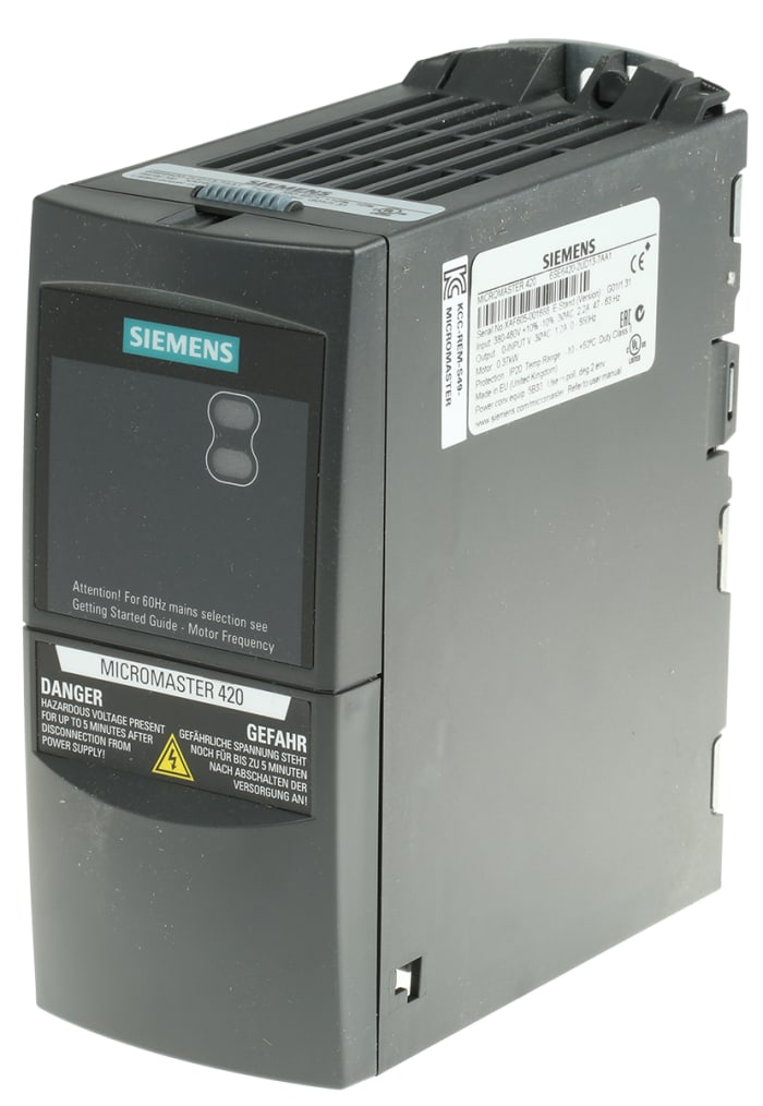 Siemens Inverter Drive, 0.37 kW, 3 Phase, 400 V ac, 2.2 A, MICROMASTER 420 Series
