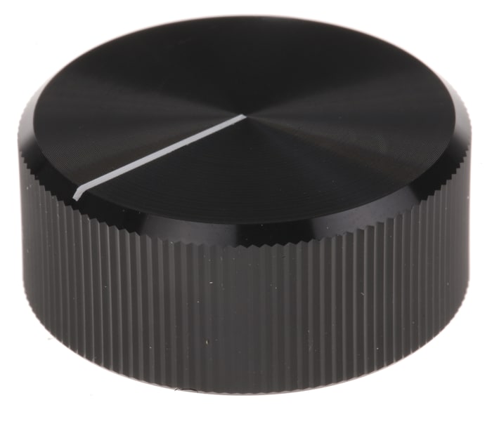 Mando de potenciómetro RS PRO, eje 6.4mm, diámetro 30mm, Color Negro, indicador Blanco Circular