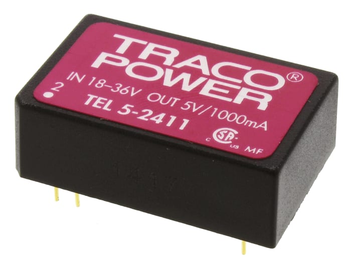 TRACOPOWER TEL 5 DC-DC Converter, 5V dc/ 1A Output, 18 → 36 V dc Input, 5W, Through Hole, +85°C Max Temp -40°C