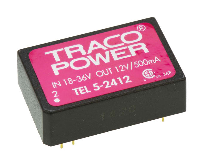 TRACOPOWER TEL 5 DC-DC Converter, 12V dc/ 500mA Output, 18 → 36 V dc Input, 5W, Through Hole, +85°C Max Temp