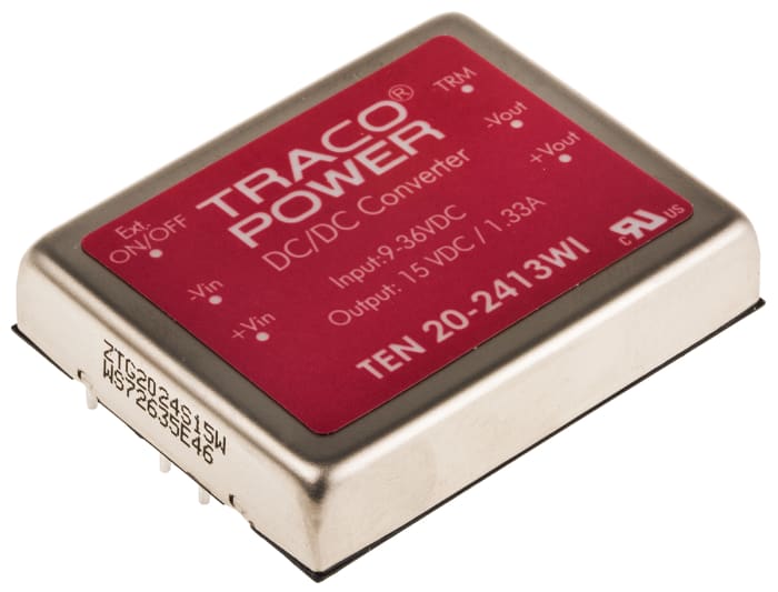 TRACOPOWER TEN 20WI DC-DC Converter, 15V dc/ 1.33A Output, 9 → 36 V dc Input, 20W, Through Hole, +85°C Max Temp