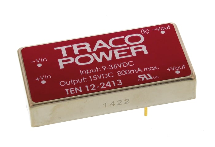 TRACOPOWER TEN 12 DC-DC Converter, 15V dc/ 800mA Output, 9 → 36 V dc Input, 12W, Through Hole, +85°C Max Temp