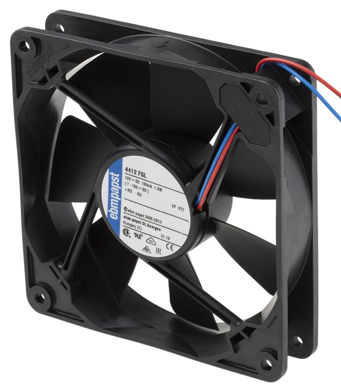 ebm-papst 4400 F Series Axial Fan, 12 V dc, DC Operation, 94m³/h, 1.3W, 108mA Max, 119 x 119 x 25mm