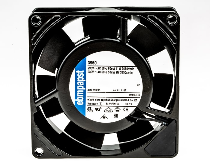 ebm-papst 3900 Series Axial Fan, 230 V ac, AC Operation, 59m³/h, 11W, 48mA Max, 92 x 92 x 25mm