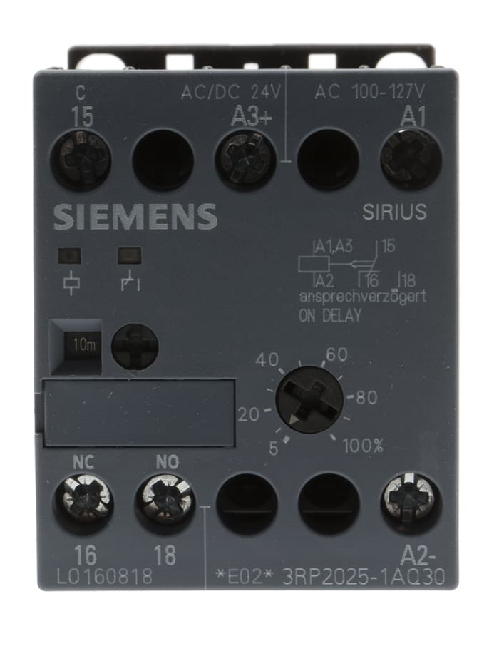 Siemens DIN Rail Mount Timer Relay, 100 → 127 V ac, 24V ac/dc, 1-Contact, 0.05 → 100 h, 0.05 → 100