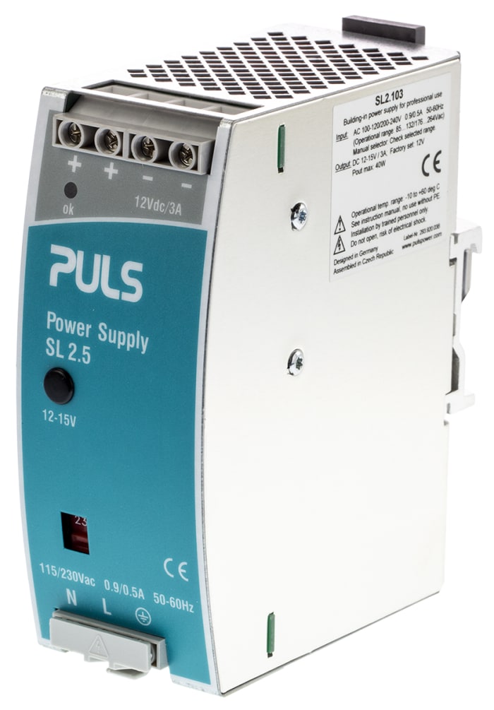 PULS Switch Mode DIN Rail Panel Mount Power Supply, 3A Output, 40W