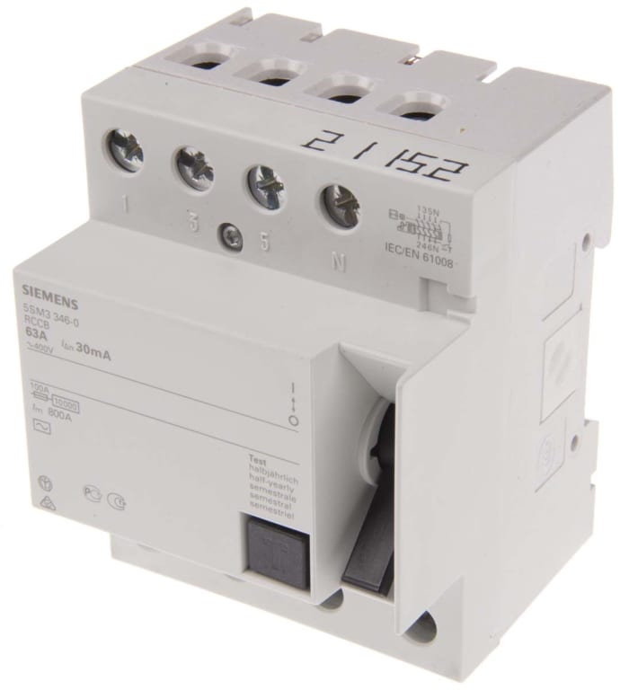 Siemens 5SM3 Residual Current Circuit Breaker, 63A, 3+N Pole, 30mA, Type AC, 400V