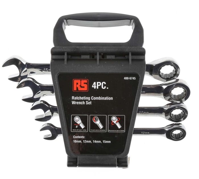 RS PRO 4-Piece Spanner Set, 10 → 15 mm, Chrome Vanadium Steel