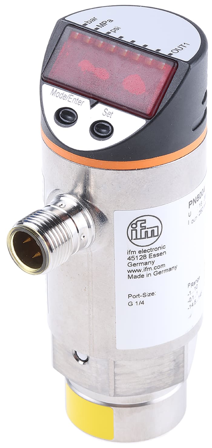 IFM Electronics Basınç Sensörü, Nispi, Sıvı, Gaz için, Maksimum Basınç: 10bar, G1/4, 18 - 36 V dc, IP65