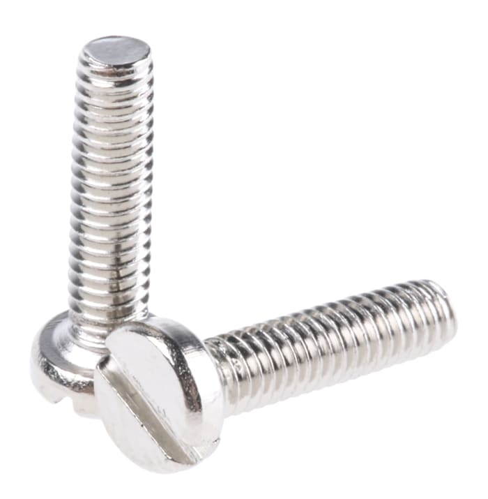 Tornillo de cabeza cilíndrica con huella ranurada RS PRO M2.5 x 10.0mm, paso de rosca 0.45mm, de Latón chapado en níquel