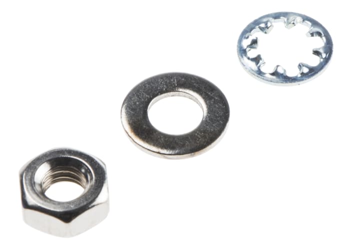RS PRO Brass, Steel Hex Full Nut and Washers with Internal Tooth, Plain, 300 Pieces