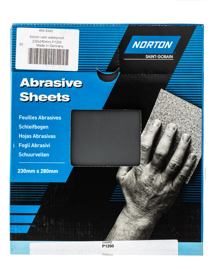 Hoja abrasiva Norton de Carburo de Silicio, grano Muy Fino de P1200, de 280mm x 230mm, paquete de 50