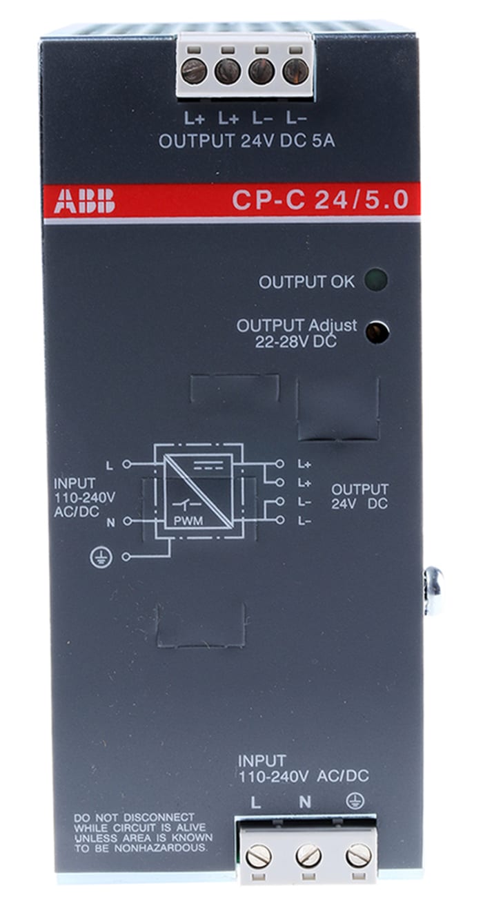 ABB CP-C Switch Mode DIN Rail Panel Mount Power Supply, 230V ac, 24V dc, 5A Output, 120W