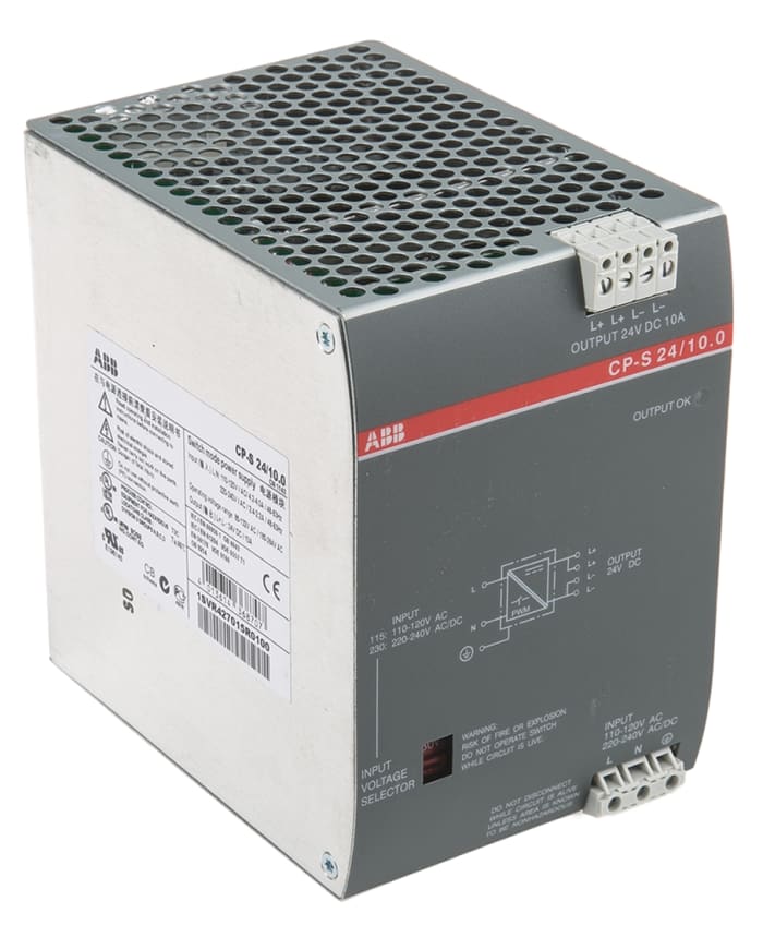 ABB CP-S Switch Mode DIN Rail Panel Mount Power Supply, 230V ac ac Input, 24V dc dc Output, 10A Output, 240W