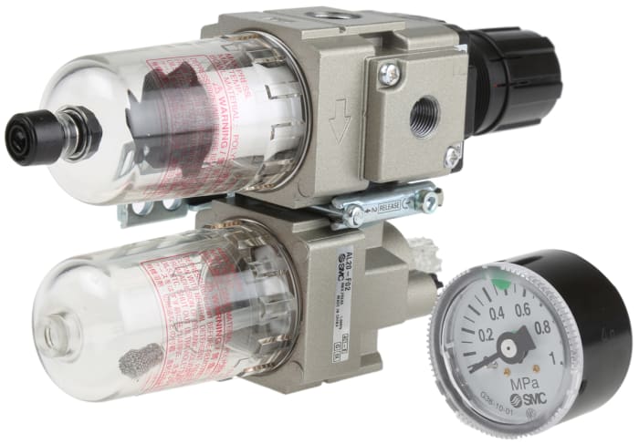 SMC G 1/4 FRL, Manual Drain, 5μm Filtration Size - With Pressure Gauge