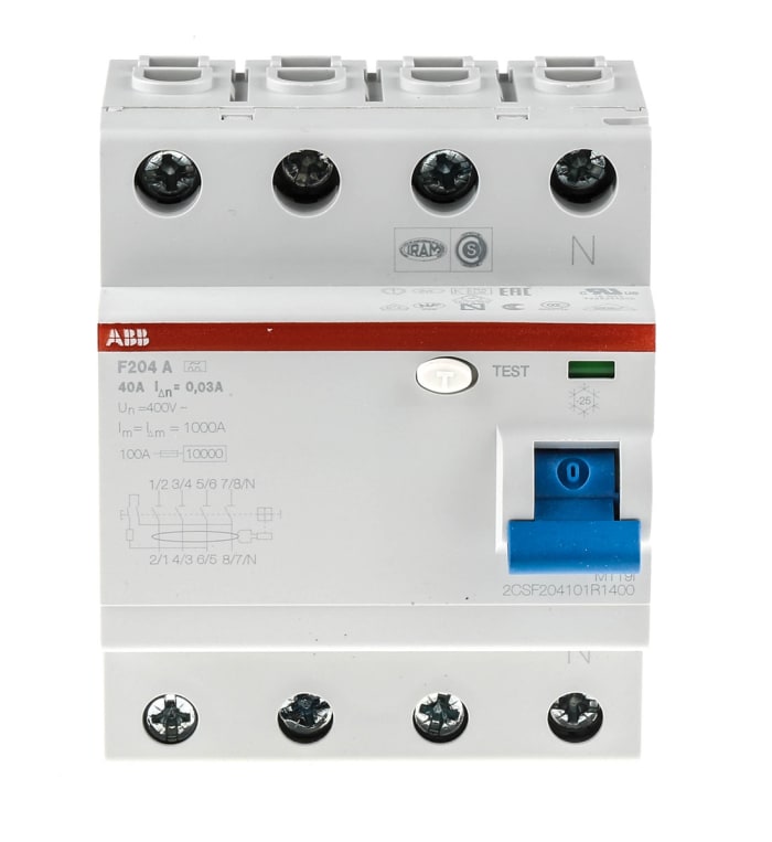 ABB F200 RCCB, 40A, 4 Pole, 30mA, Type A, 230V ac