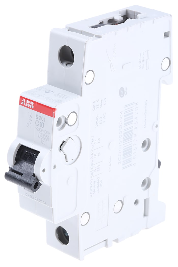 ABB System Pro M Compact S200 MCB, 1P, 10A Curve C, 253V AC, 72V DC, 6 kA Breaking Capacity