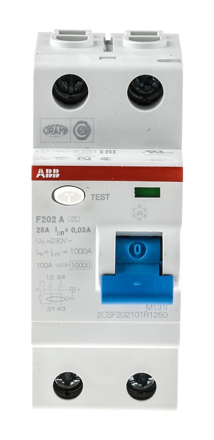 ABB F200 RCCB, 25A, 2 Pole, 30mA, Type A, 230V ac