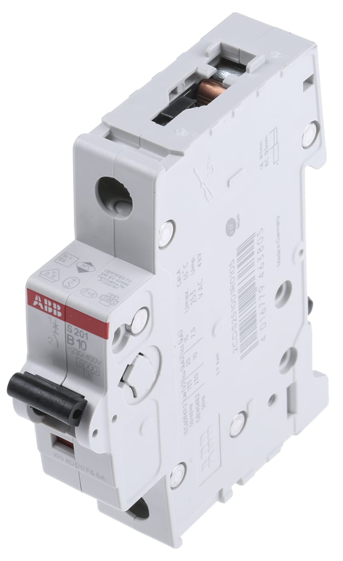ABB System Pro M Compact S200 MCB, 1P, 10A Curve B, 253V AC, 72V DC, 6 kA Breaking Capacity
